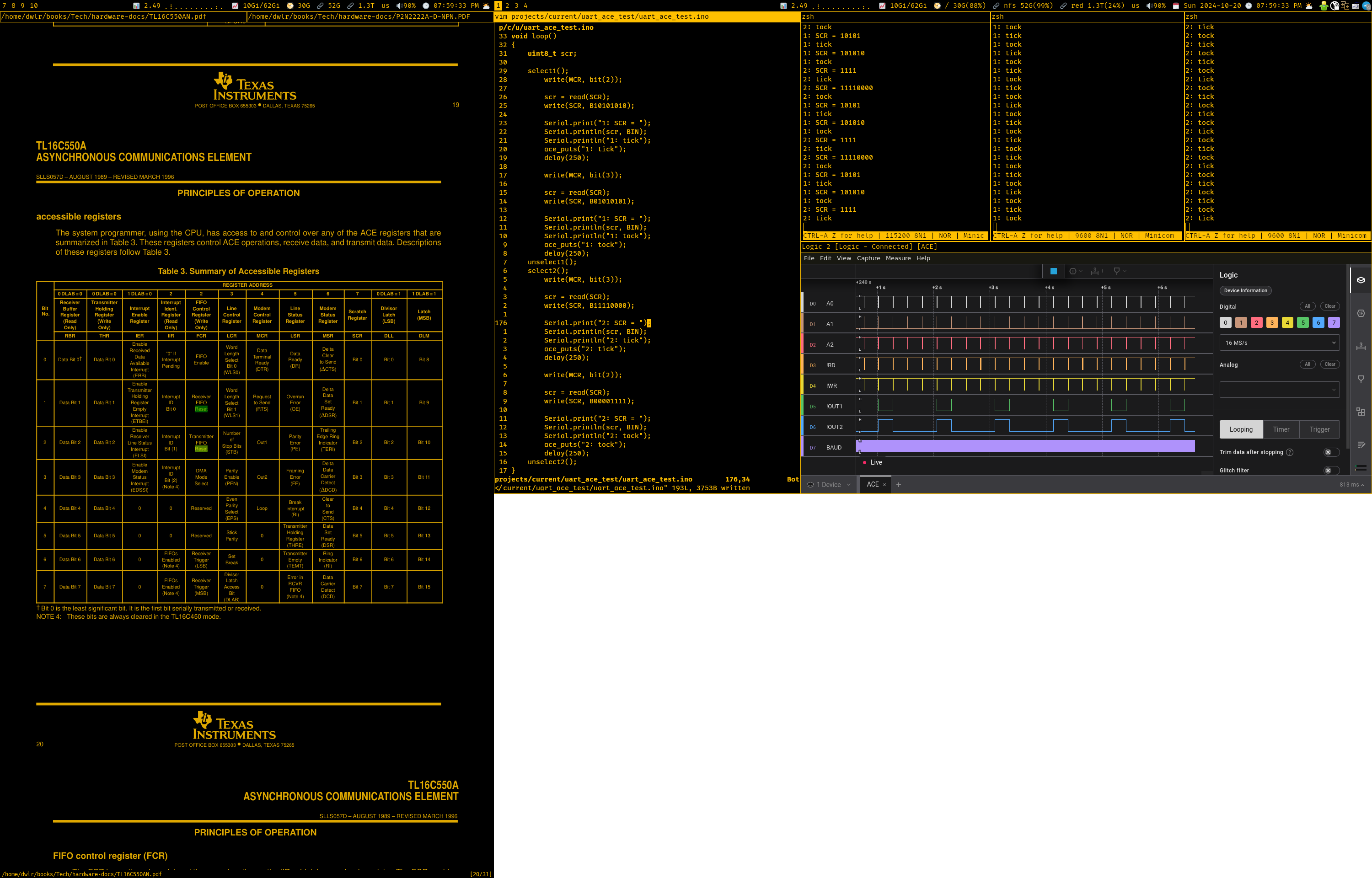 Screenshot of my desktop. The left monitor in portrait has datasheet for the UART open; the right monitor has Arduino code, logic analyzer and 3 minicom windows.